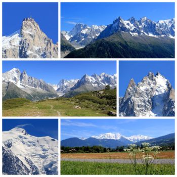 Collage of Aiguille Du Midi, Alps and Mont-Blanc and beautiful weather at Chamonix, France