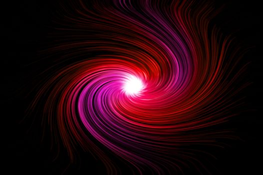 Abstract red and pink swirling light against black background.