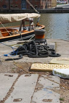 bollard and mooring ropes at Gloucester docks, England
