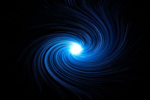 Abstract blue swirling light against black background.