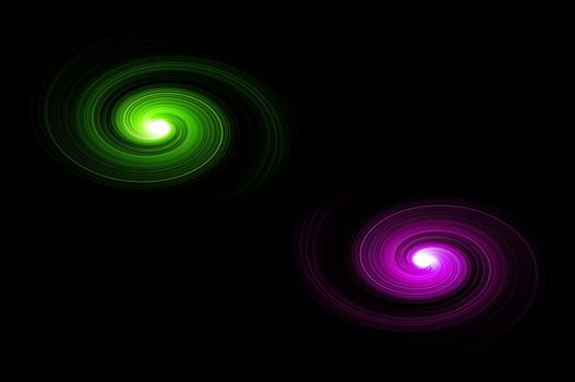 Green and pink light effect swirls against black background