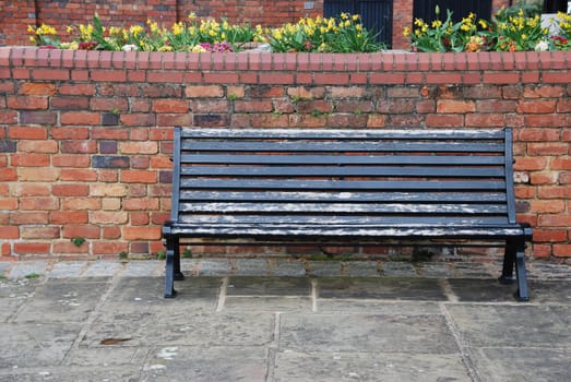 beautiful sidewalk scene with wooden bench, brick wall and flowers