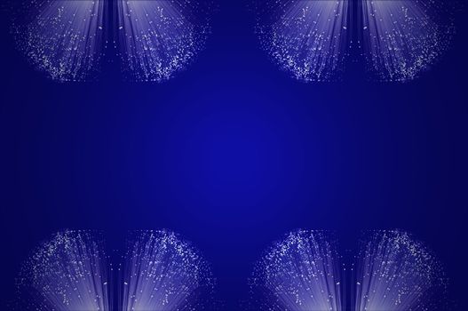 Many small groups of illuminated fibre optic light strands arranged in formation along the top and bottom of the image against a blue background.