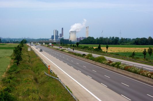 Autobahn and power plant Weisweiler in North Rhein-Westfalia, Germany.