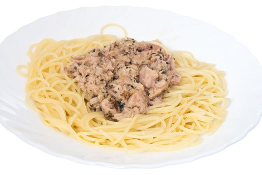 italian dish of spaghetti with tuna and origanum on white background