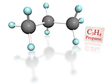 3D molecular model of propane with label on white background