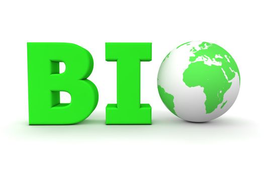 green word Bio with 3D globe replacing letter O