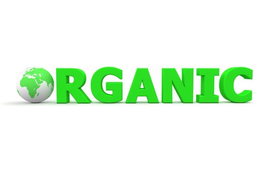 green word Organic with 3D globe replacing letter O