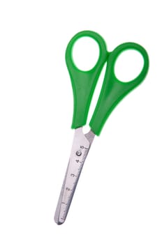 green scissors isolated on white background (scissor with ruler)