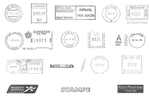 Postage meters, rubber stamps, mail labels isolated over white