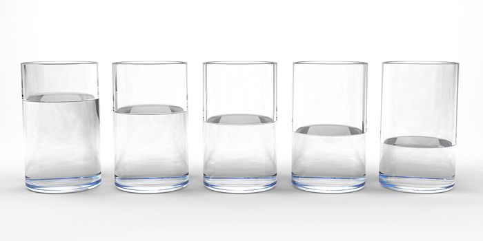 Five drinking glasses with different level of water in each