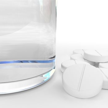 glass of water and pills isolated on white