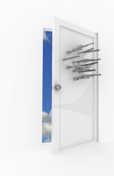 silverware stuck in white door after throwing at someone