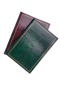 green and red antique photo albums isolated on white background