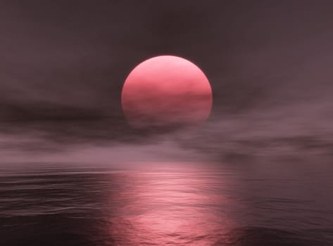 This image shows a sunset with red sky and fog