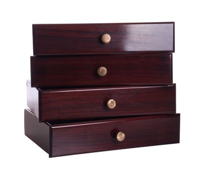stack of four classic wooden drawers isolated on white background