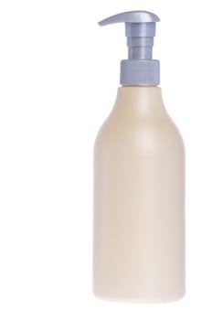 yellow and grey shampoo plastic bottle isolated on white background