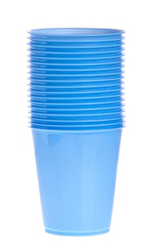 stack of blue plastic cups isolated on white background