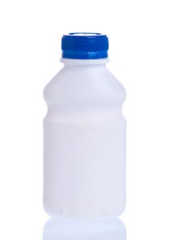 white yogurt plastic bottle blue cap isolated on white background