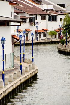 River has the blue lights and white walls of the home in Malacca, Malaysia, Asia.