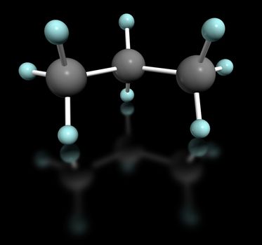 3D molecular model of propane on black background