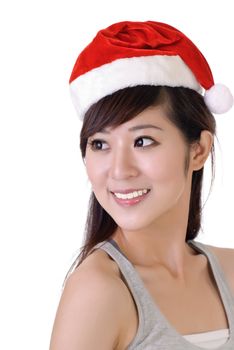 Attractive Asian beauty looking with Christmas hat against white background.