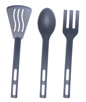 blue plastic kitchen utensils isolated on white background