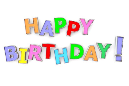 multicoloured letters Happy Birthday with chrome border on white background