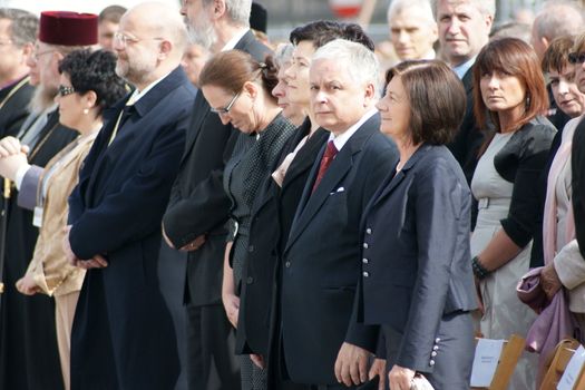 Warszaw, Poland - June 06: President of Poland Lech Kaczynski in Pi?sudzkiego square on the Cross devotion Pope John  Paul II in the 20th anniversary of the Polish pope. About the pilgrimage: "Let your spirit come down and renew the  face of the earth"