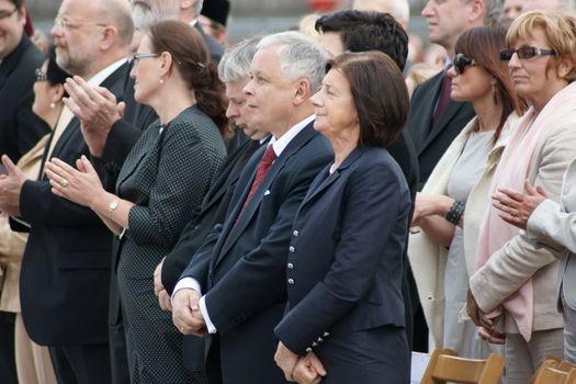 Warszaw, Poland - June 06: President of Poland Lech Kaczynski in Pi?sudzkiego square on the Cross devotion Pope John  Paul II in the 20th anniversary of the Polish pope. About the pilgrimage: "Let your spirit come down and renew the  face of the earth"