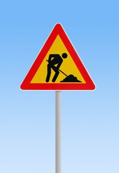 Man at work sign against blue sky