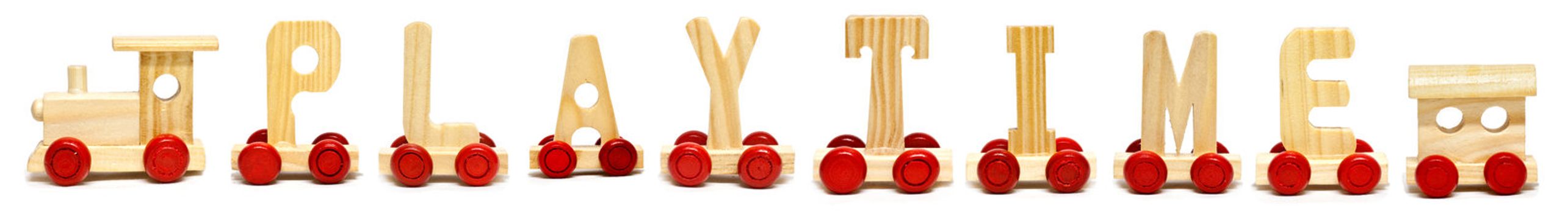 The word "Playtime" written with letters from a toy train