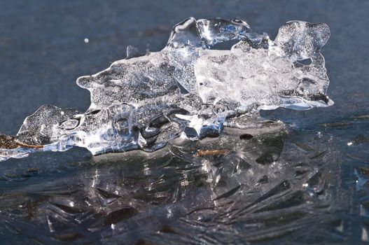 Ice formations on a pond surface in winter