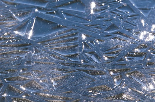 Ice formations on a pond surface in winter