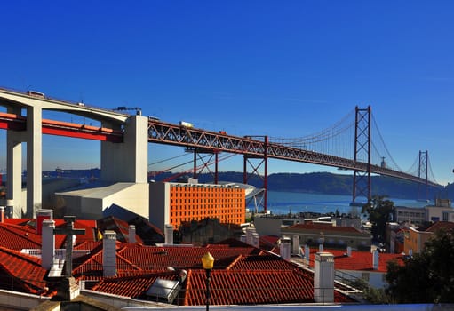 View bridge, roof chimneys, in the city of Lisbon
