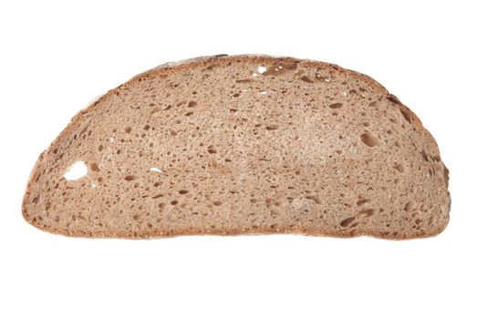 Slice of black rye bread isolated on white background.