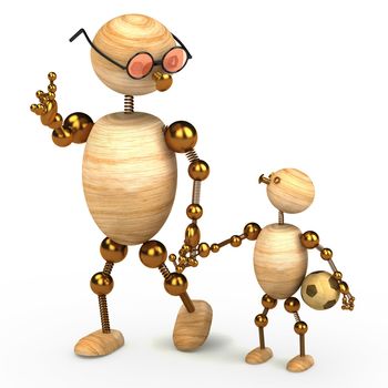 3d wood man holding a chlid isolated on white