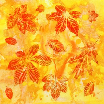 Abstract background, watercolor: leaves, hand painted on a paper. Pink, red, orange, yellow