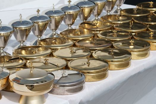 Warszaw, Poland - June 06: sacred vessels in Pi?sudzkiego square on the Cross devotion Pope John  Paul II in the 20th anniversary of the Polish pope. About the pilgrimage: "Let your spirit come down and renew the  face of the earth"