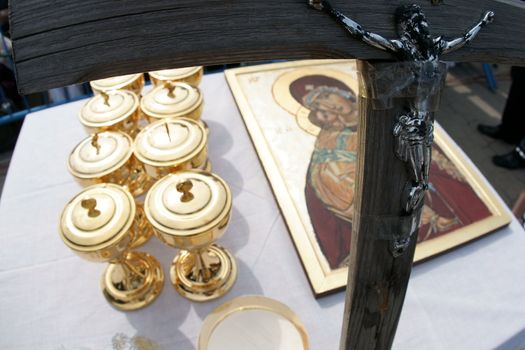 Warszaw, Poland - June 06: sacred vessels in Pi?sudzkiego square on the Cross devotion Pope John  Paul II in the 20th anniversary of the Polish pope. About the pilgrimage: "Let your spirit come down and renew the  face of the earth"