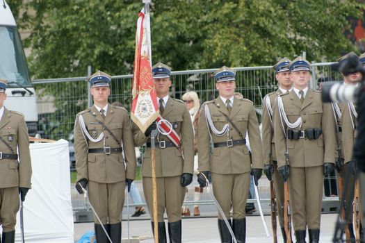 Warszaw, Poland - June 06: Polish army in Pi?sudzkiego square on the Cross devotion Pope John  Paul II in the 20th anniversary of the Polish pope. About the pilgrimage: "Let your spirit come down and renew the  face of the earth"