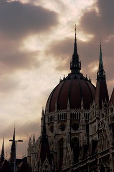 Hungarian Parliament building in dark, stormy weather