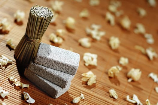 Pretty spa display  on a bamboo mat.
