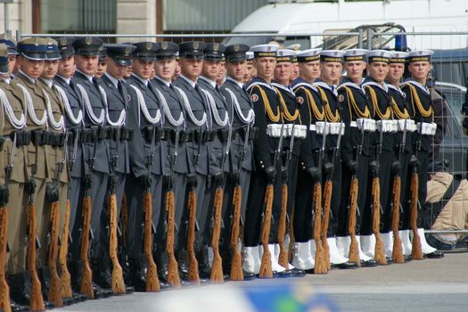 Warszaw, Poland - June 06: Polish army in Pi?sudzkiego square on the Cross devotion Pope John  Paul II in the 20th anniversary of the Polish pope. About the pilgrimage: "Let your spirit come down and renew the  face of the earth"