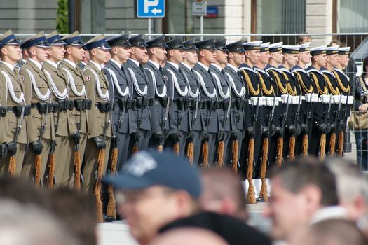 Warszaw, Poland - June 06: Polish army in Pi?sudzkiego square on the Cross devotion Pope John  Paul II in the 20th anniversary of the Polish pope. About the pilgrimage: "Let your spirit come down and renew the  face of the earth"