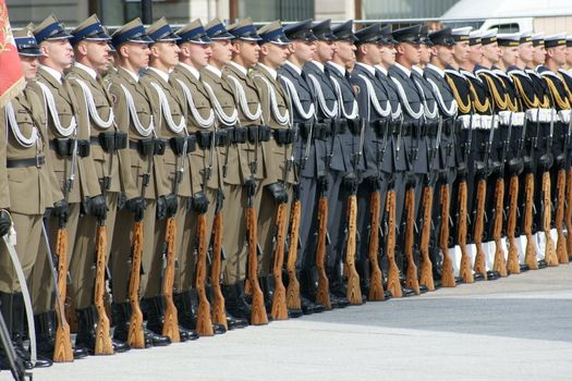 Warszaw, Poland - June 06: Polish army in Pi?sudzkiego square on the Cross devotion Pope John  Paul II in the 20th anniversary of the Polish pope. About the pilgrimage: "Let your spirit come down and renew the  face of the earth"