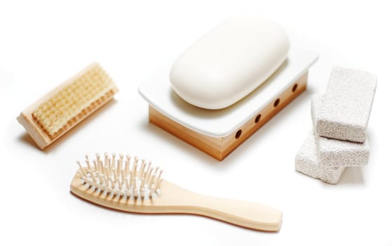 Bathroom supplies on display on a white background.