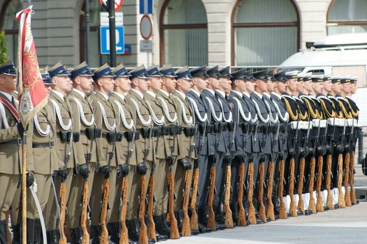 Warszaw, Poland - June 06: Polish army in Pi?sudzkiego square on the Cross devotion Pope John  Paul II in the 20th anniversary of the Polish pope. About the pilgrimage: "Let your spirit come down and renew the  face of the earth"