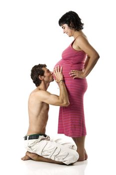 Beautiful couple in love expecting a baby - Isolated on white
