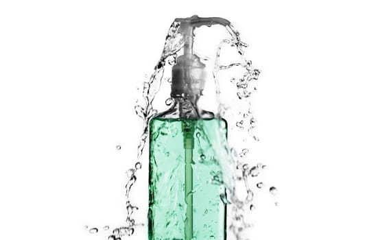 Green bottle splashing water against a white background.